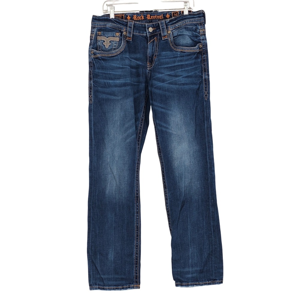 Rock Revival Jed Straight Jeans 34 Blue Embroidered Flap Pocket‎ Streetwear